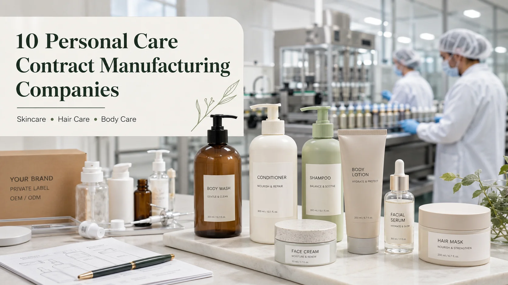 Display of personal care products including body wash, conditioner, shampoo, and skincare items on a countertop with workers in lab coats in the background at a manufacturing facility.